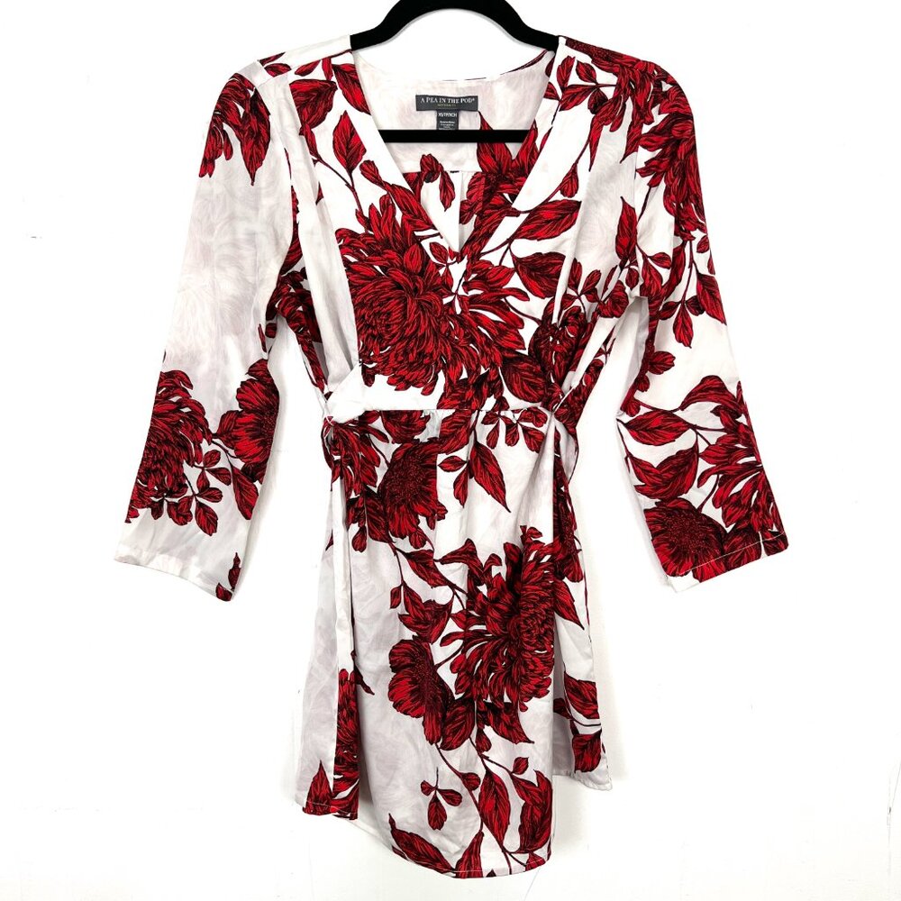 A Pea In The Pod White Red Floral Blouse Tie Back Tunic Top Maternity Size XS